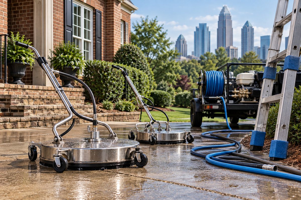 Commercial surface cleaning gear, pressure wash hoses, and ladder standoffs staged at field site