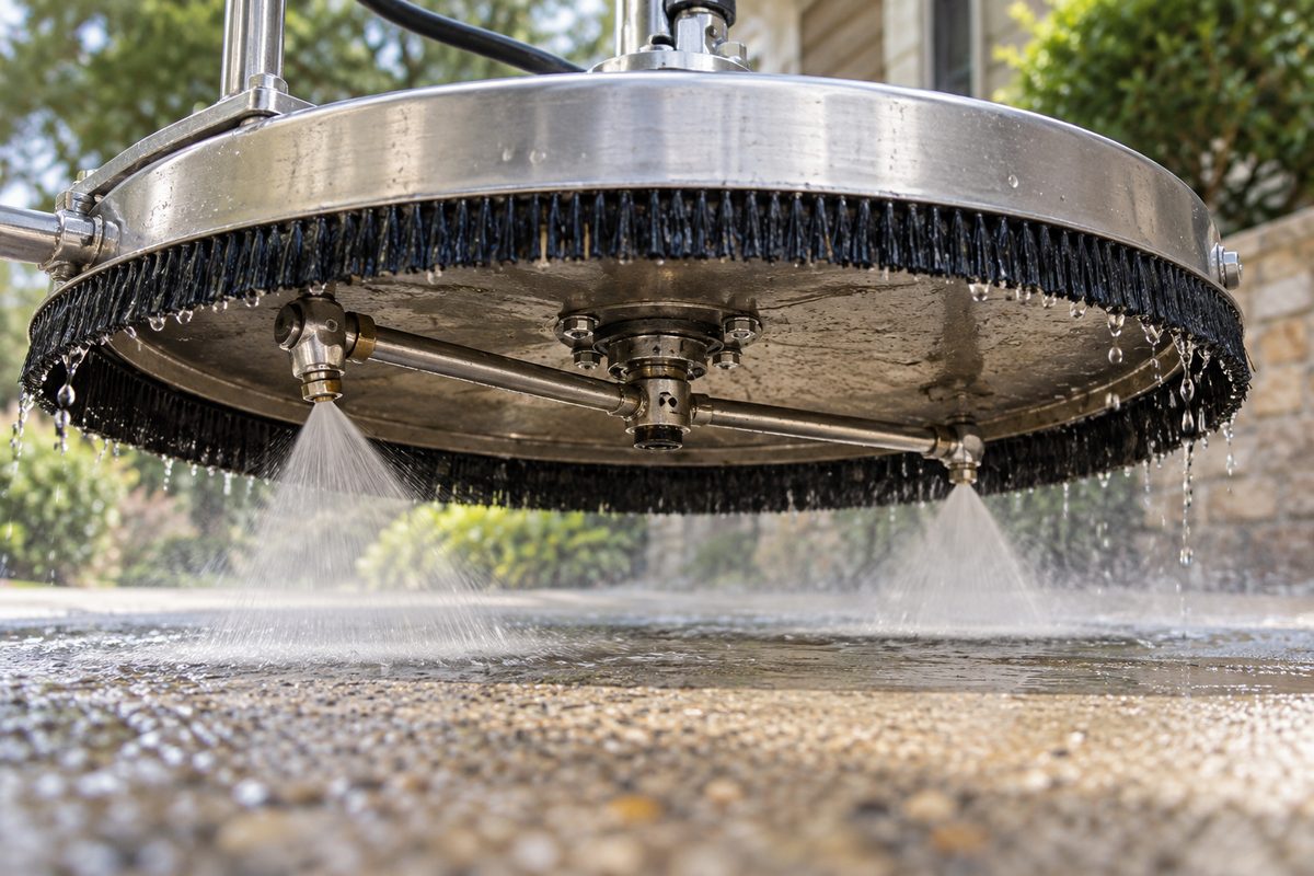 Underside of rotary surface cleaner showing rotating spray nozzle bar