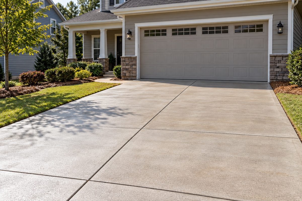 Clean two-car concrete driveway freshly pressure washed and drying evenly