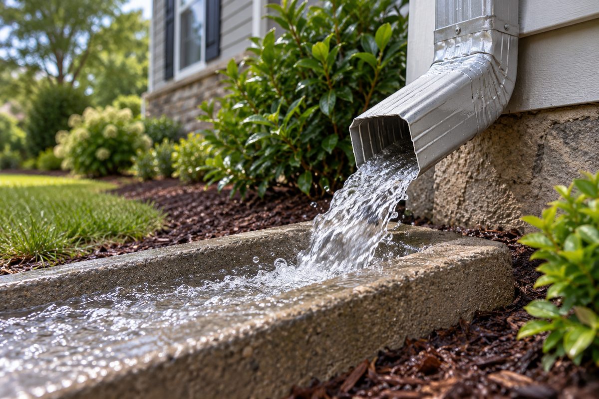 Water running clear from an exterior downspout onto ground splash guard