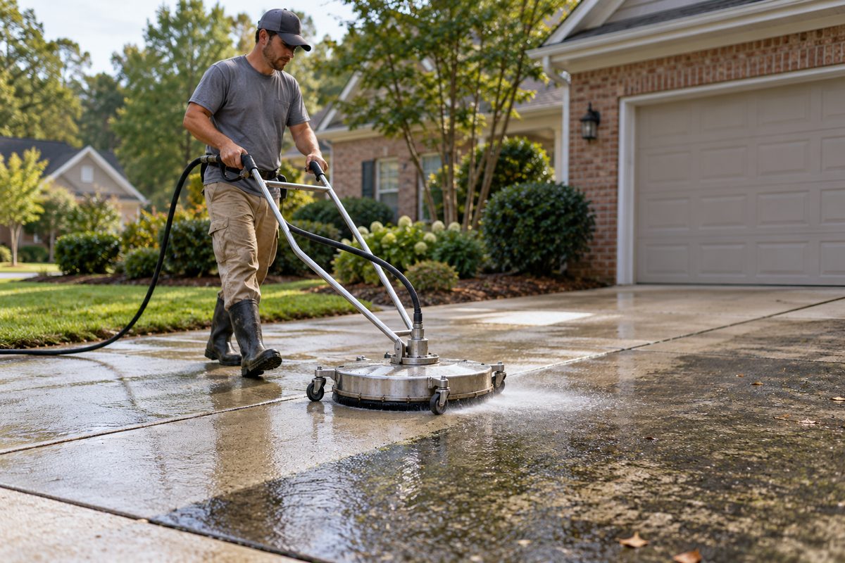 Technician guiding a rotary surface deck across residential concrete pad