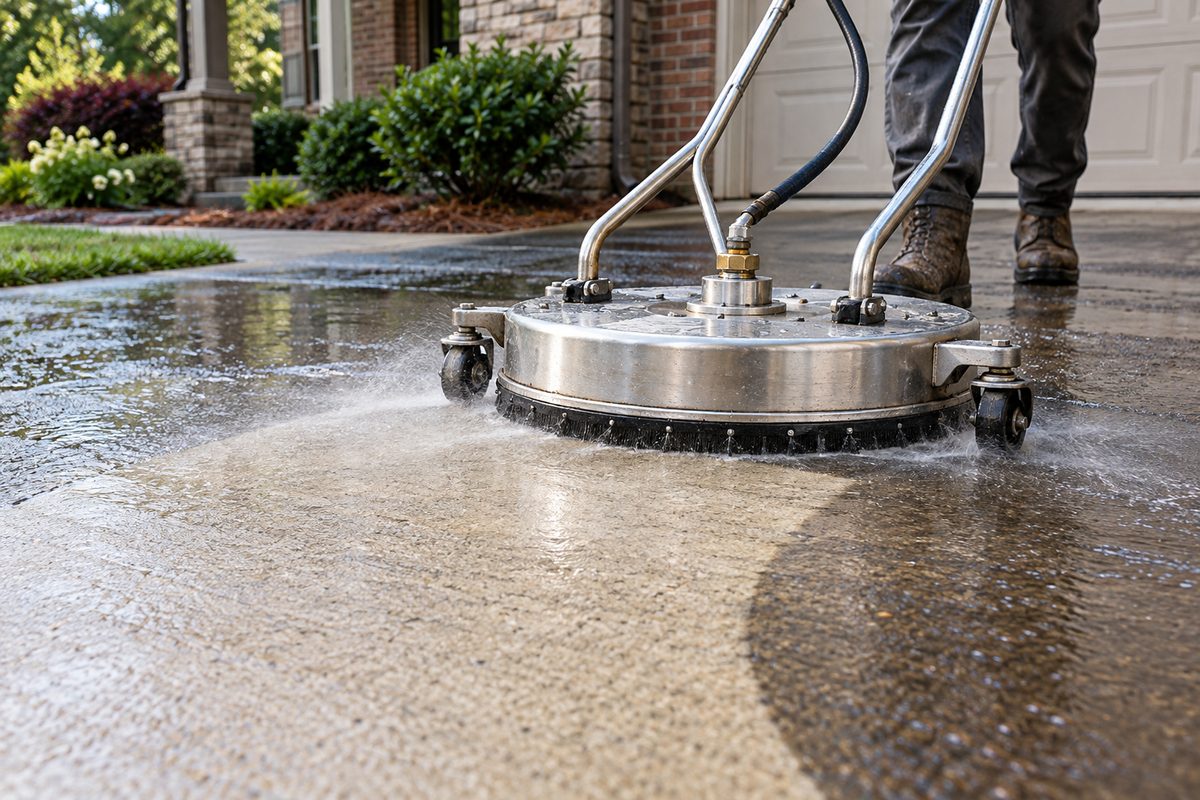Stainless steel surface cleaner washing a residential concrete driveway