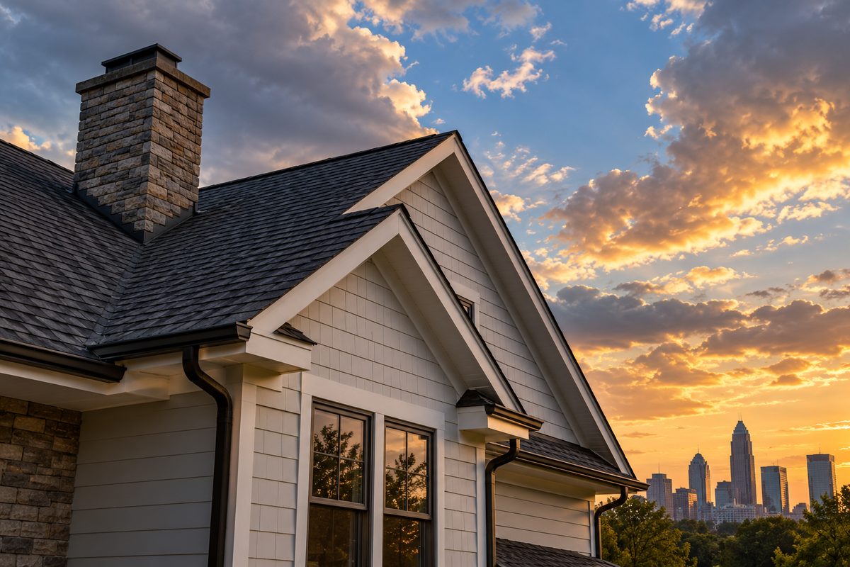 Architectural roofline and chimney silhouetted against sky