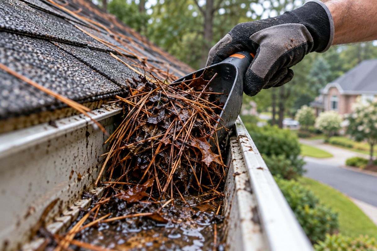 Manual removal of wet pine needles and leaf debris from white gutter channel
