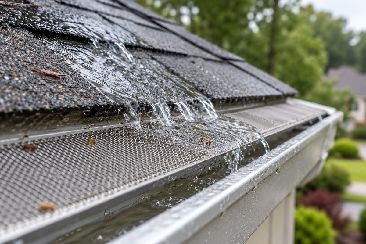 Water flowing smoothly through micro-mesh gutter protection guard