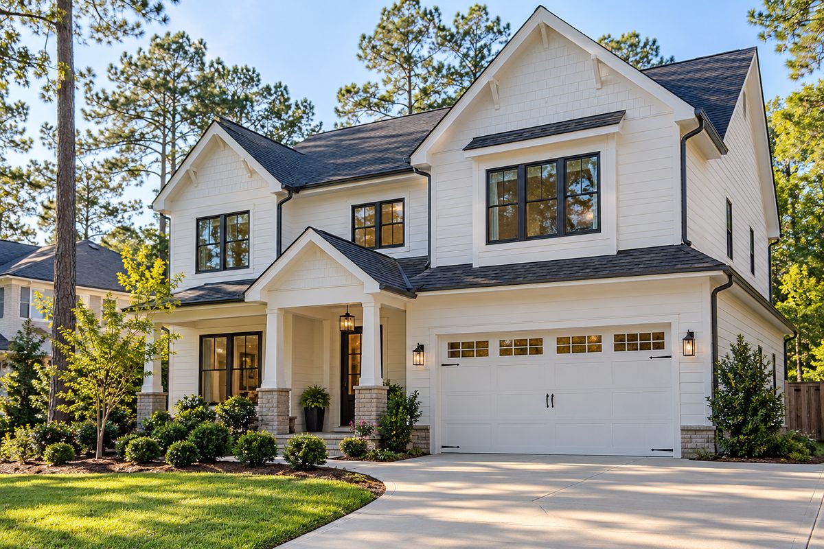 Suburban two-story home in Charlotte NC with clean roofline, gutters, and siding