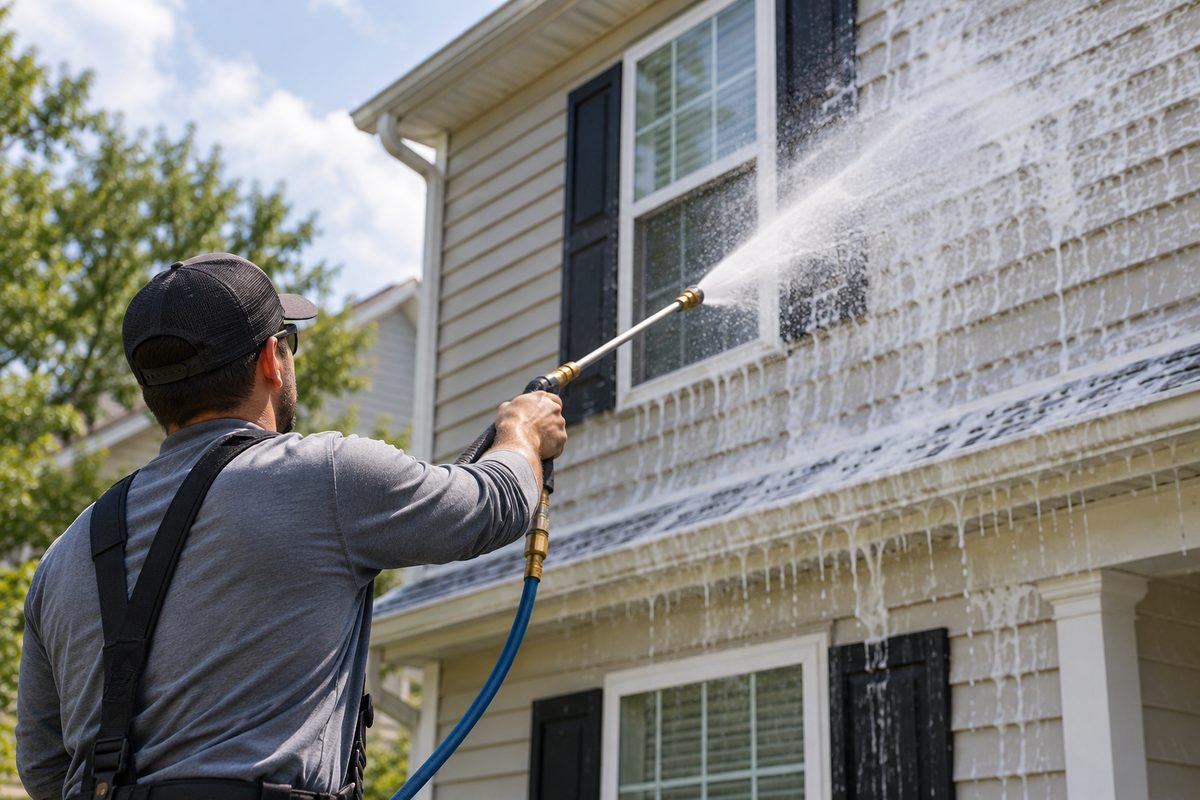 Low-pressure chemical wash application on residential vinyl siding