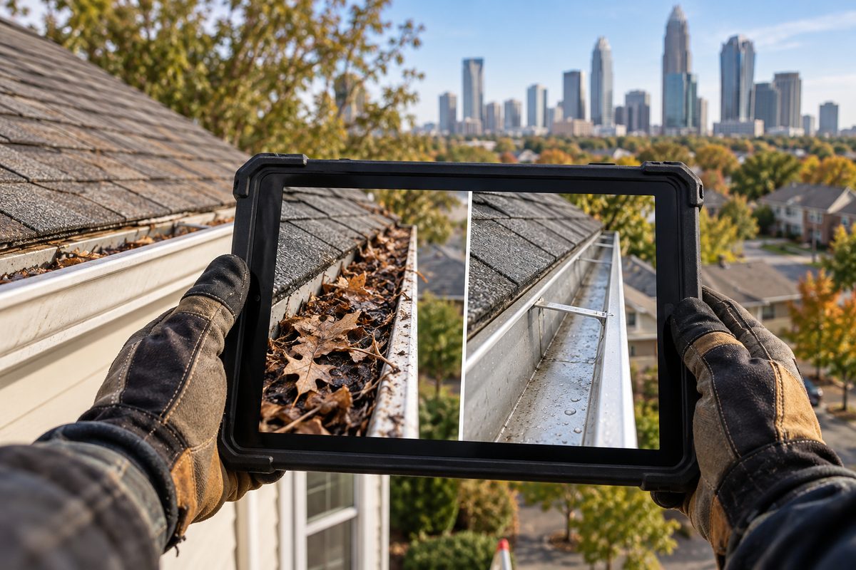 Technician tablet displaying before and after gutter cleaning photographs