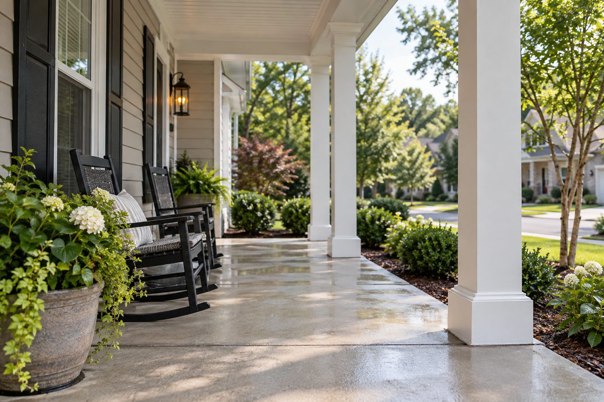 Front porch concrete floor cleaned of seasonal dust and pollen