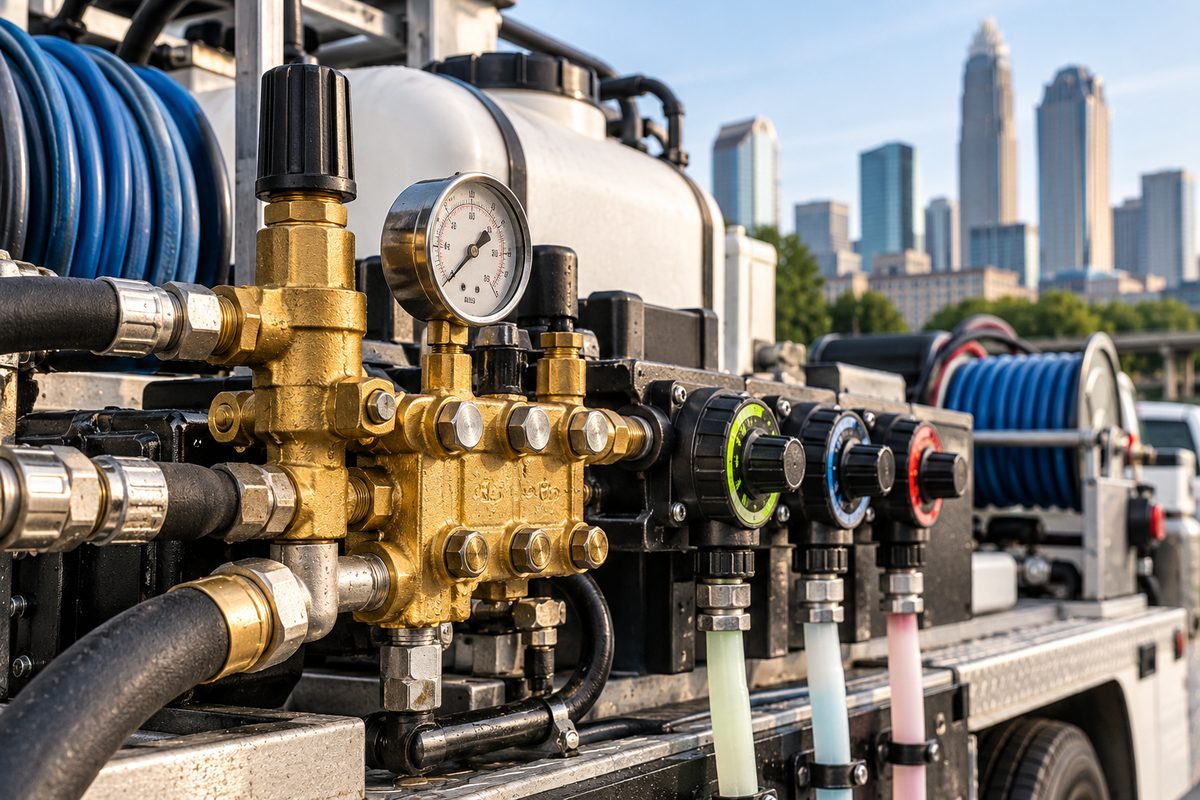 Commercial wash rig flow meters and chemical unloader valves calibrated for residential cleaning