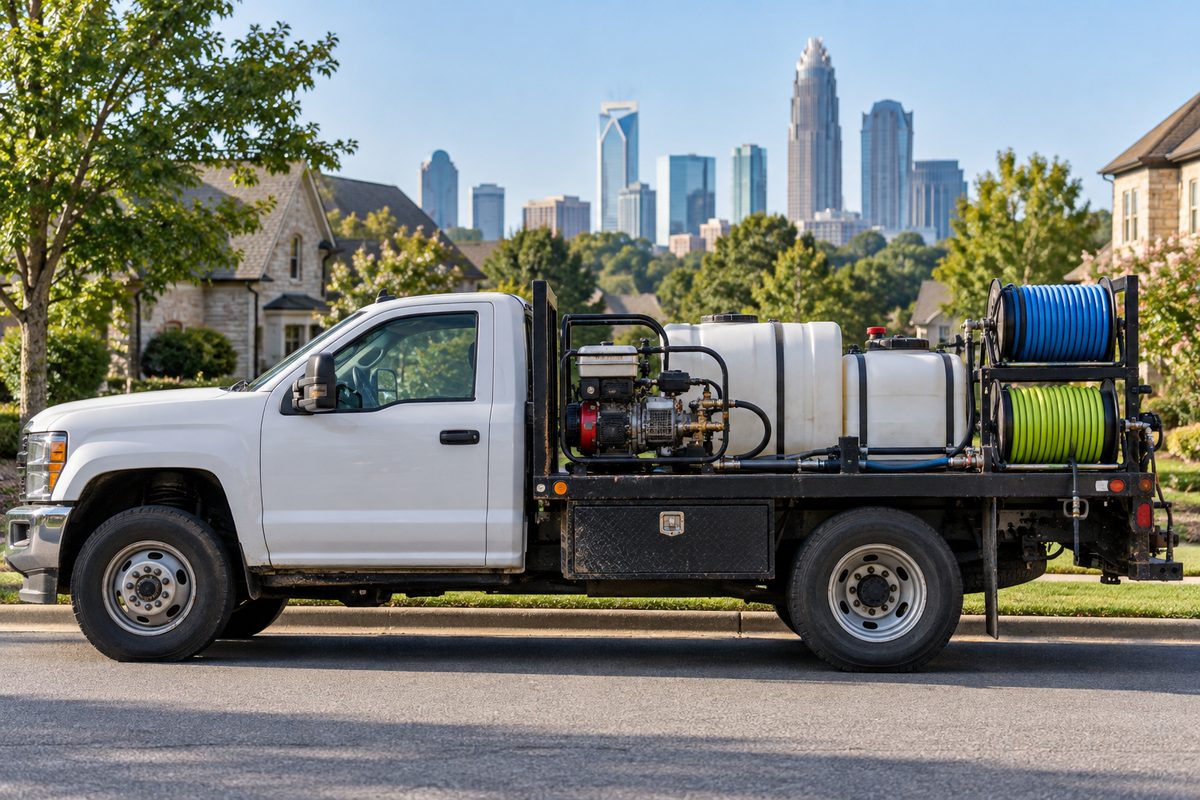 Crown Town service vehicle equipped with commercial exterior cleaning equipment