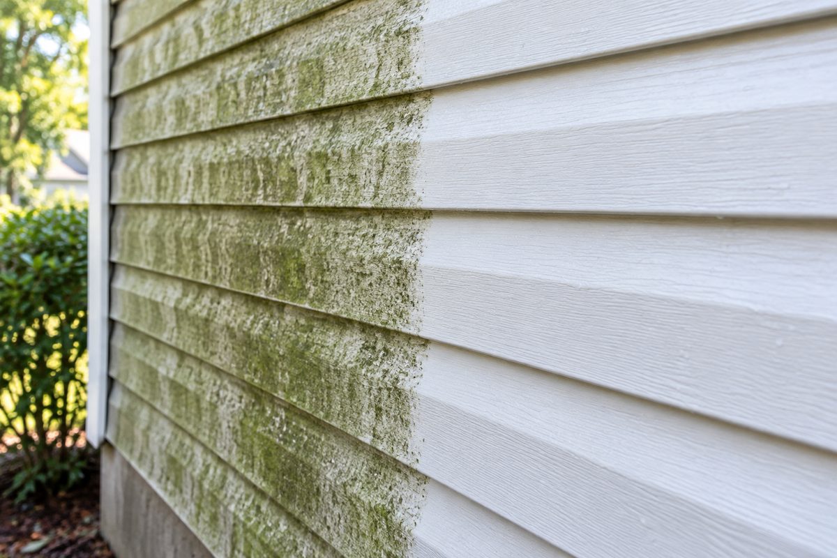 Contrast between algae stained siding and freshly washed vinyl siding