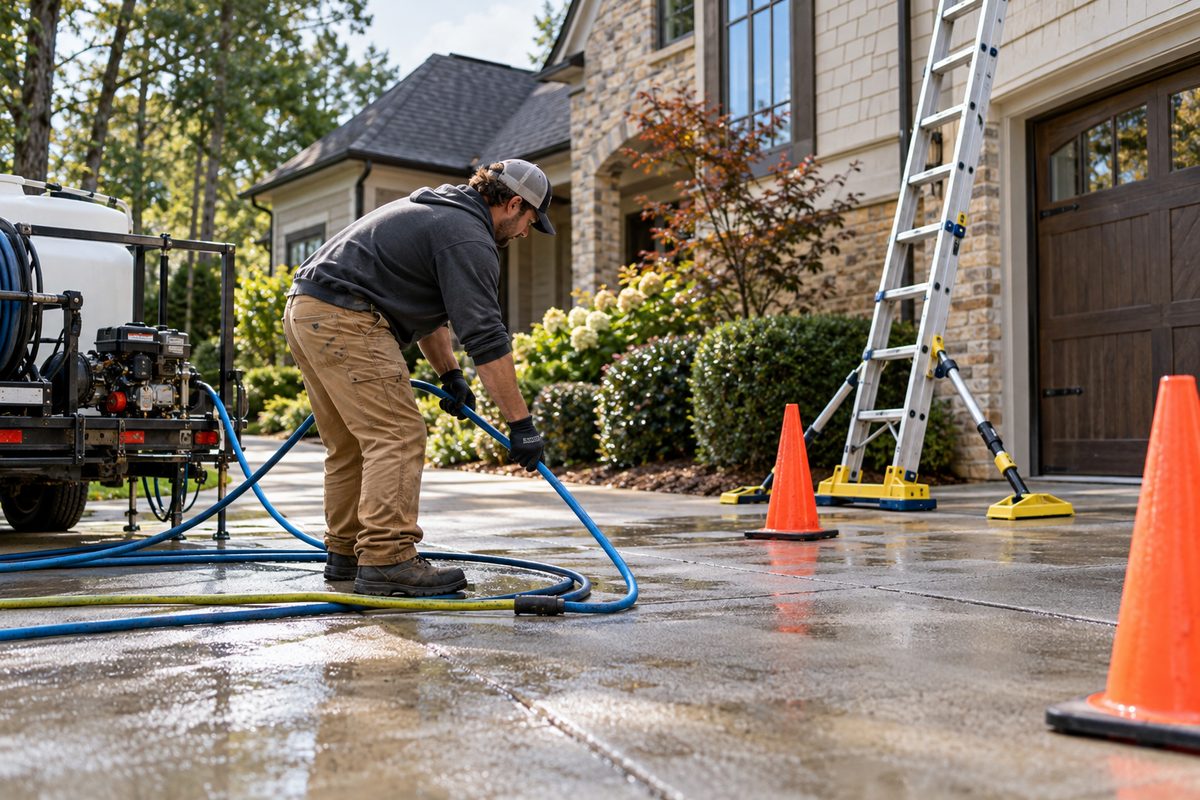 Technician staging pressure lines and safety equipment before residential exterior clean