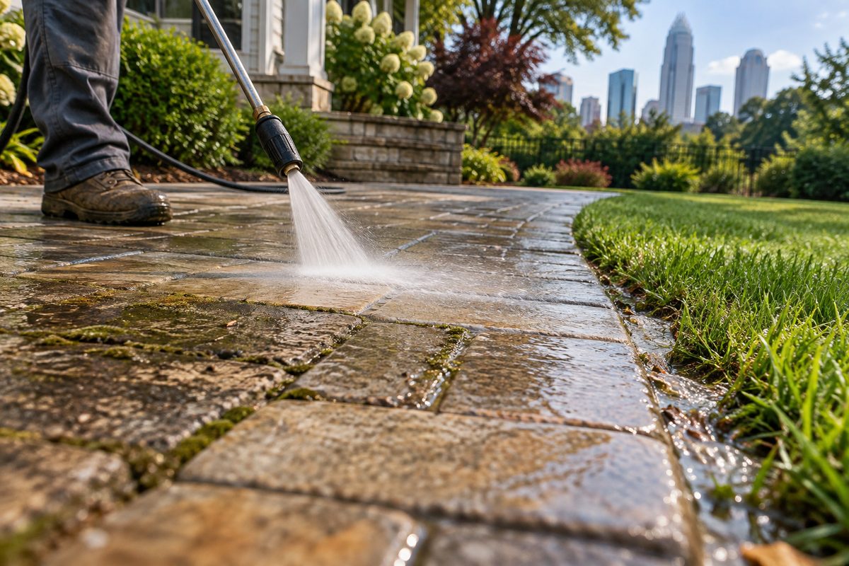 Pressure washing stone walkway pavers leading to residential front door