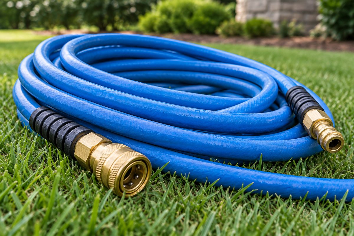 Professional non-marking pressure washing hose coiled on lawn